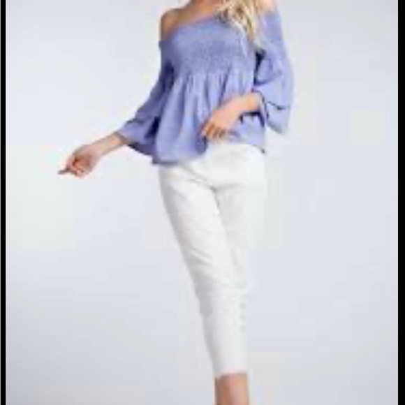 HONEY PUNCH SMOCKED OFF-THE-SHOULDER BELL SLEEVE TOP IN BLUE Size:Small - Picture 6 of 8